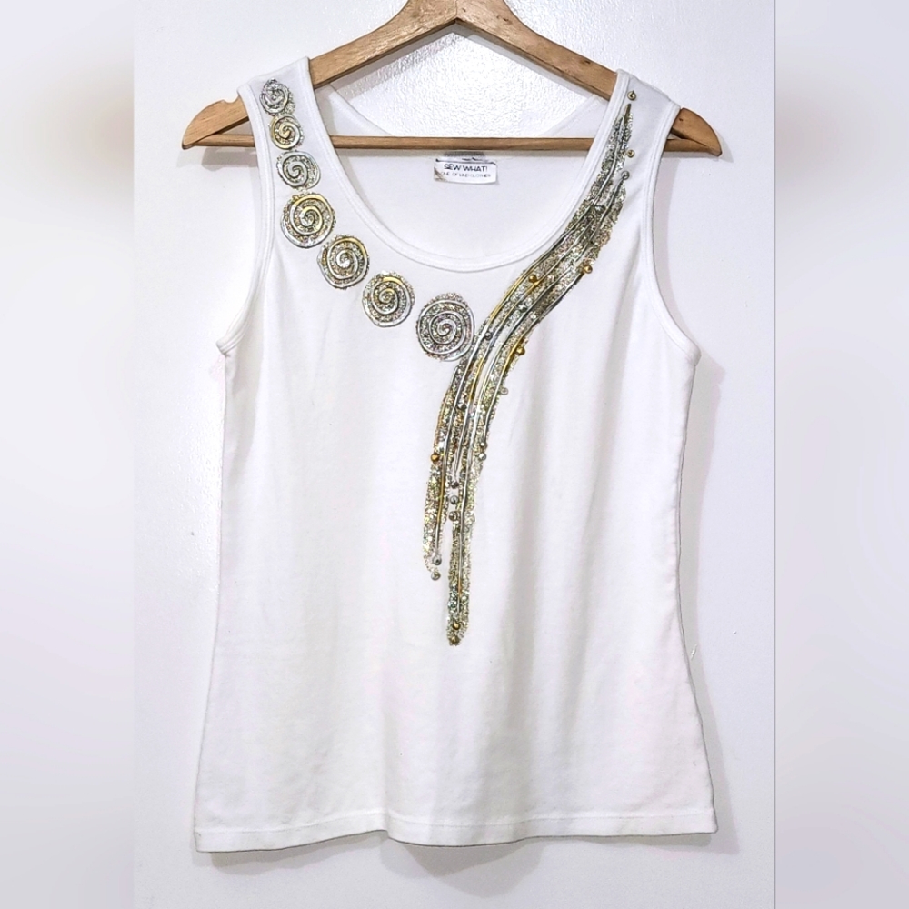 SEW WHAT One Of A Kind Clothes Vintage Glitter Puff Paint White Tank Top sizeS